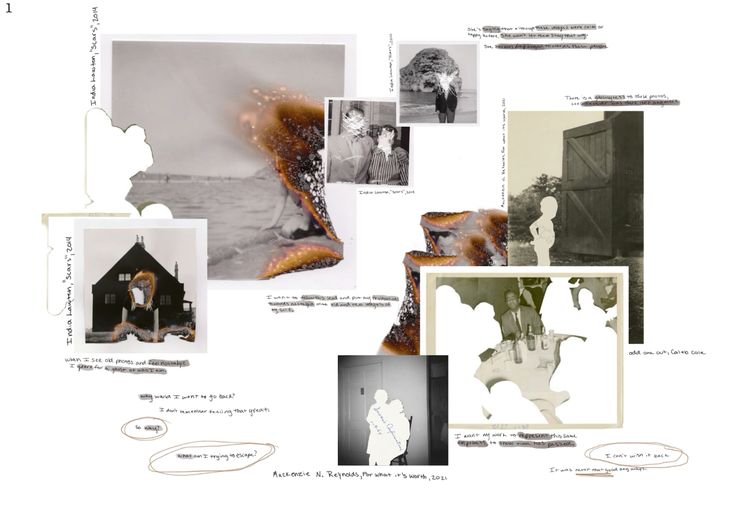 A research spread of annotated photographs, cut and written over by hand