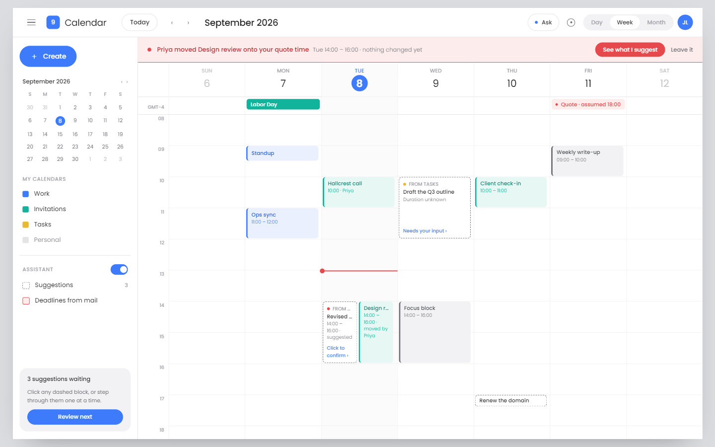 Desktop Calendar prototype with scheduling suggestions in the week view