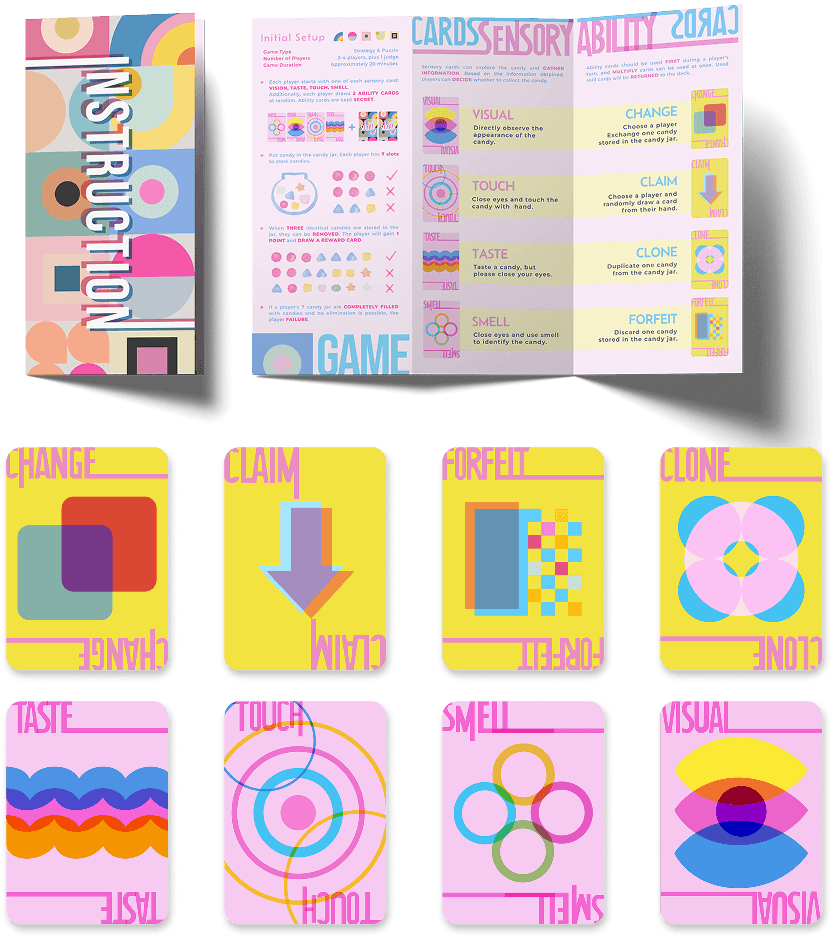 The folded instruction sheet opened out beside the four yellow ability cards and the four pink sensory cards