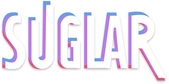 The Suglar wordmark with its periwinkle and pink offset duplicates