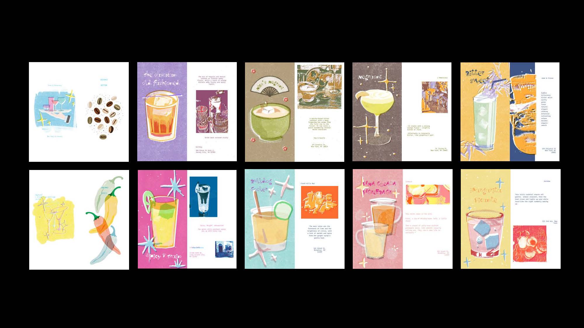 Ten more Alcohol Directory spreads laid out in a grid on black, including the taste chapter dividers