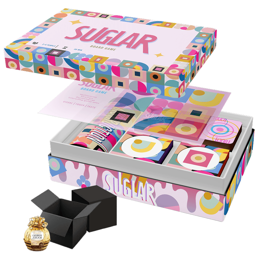 The Suglar box open, showing the patterned lid, the printed sleeve, the card trays, and one of the black candy boxes