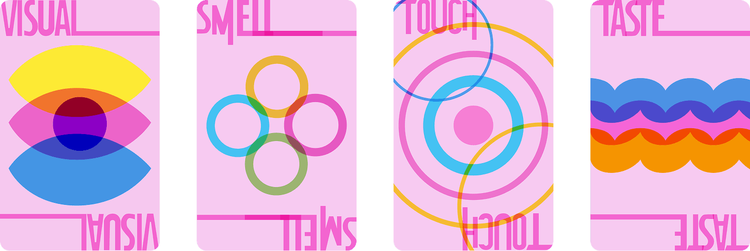 The four Suglar sensory cards: Visual, Smell, Touch, and Taste, each drawn as a geometric symbol on pink