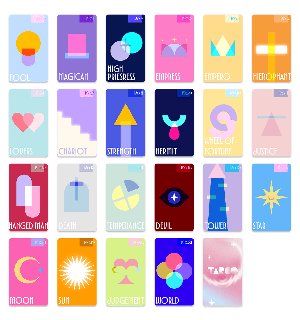 All twenty-two Taroo Major Arcana cards laid out in a grid beside the gradient card back