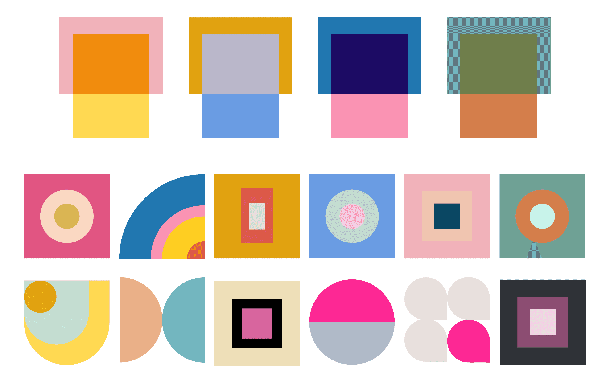 Style guide board: four transparency studies above twelve geometric element tiles