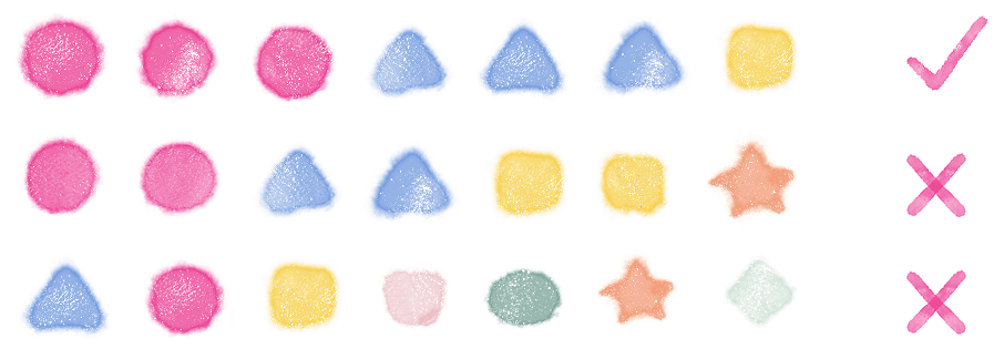 Three rows of seven candies showing which combinations clear the jar and which fill it