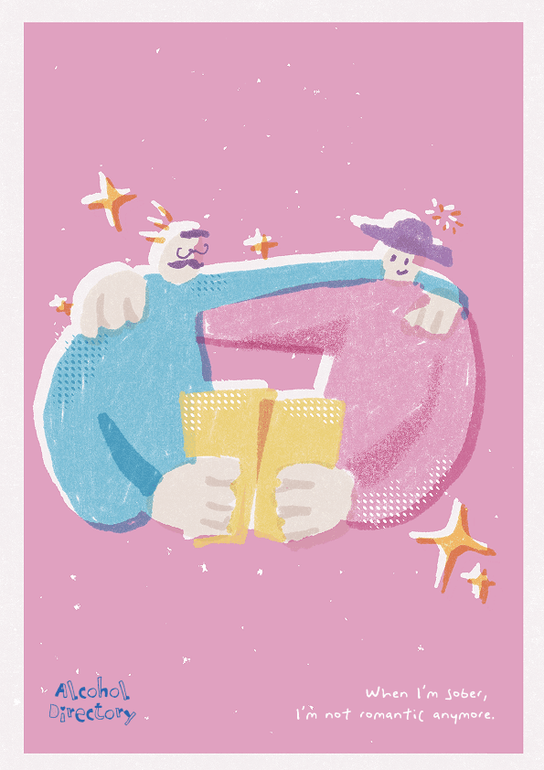 Alcohol Directory poster: two figures on a pink ground reading behind a yellow book