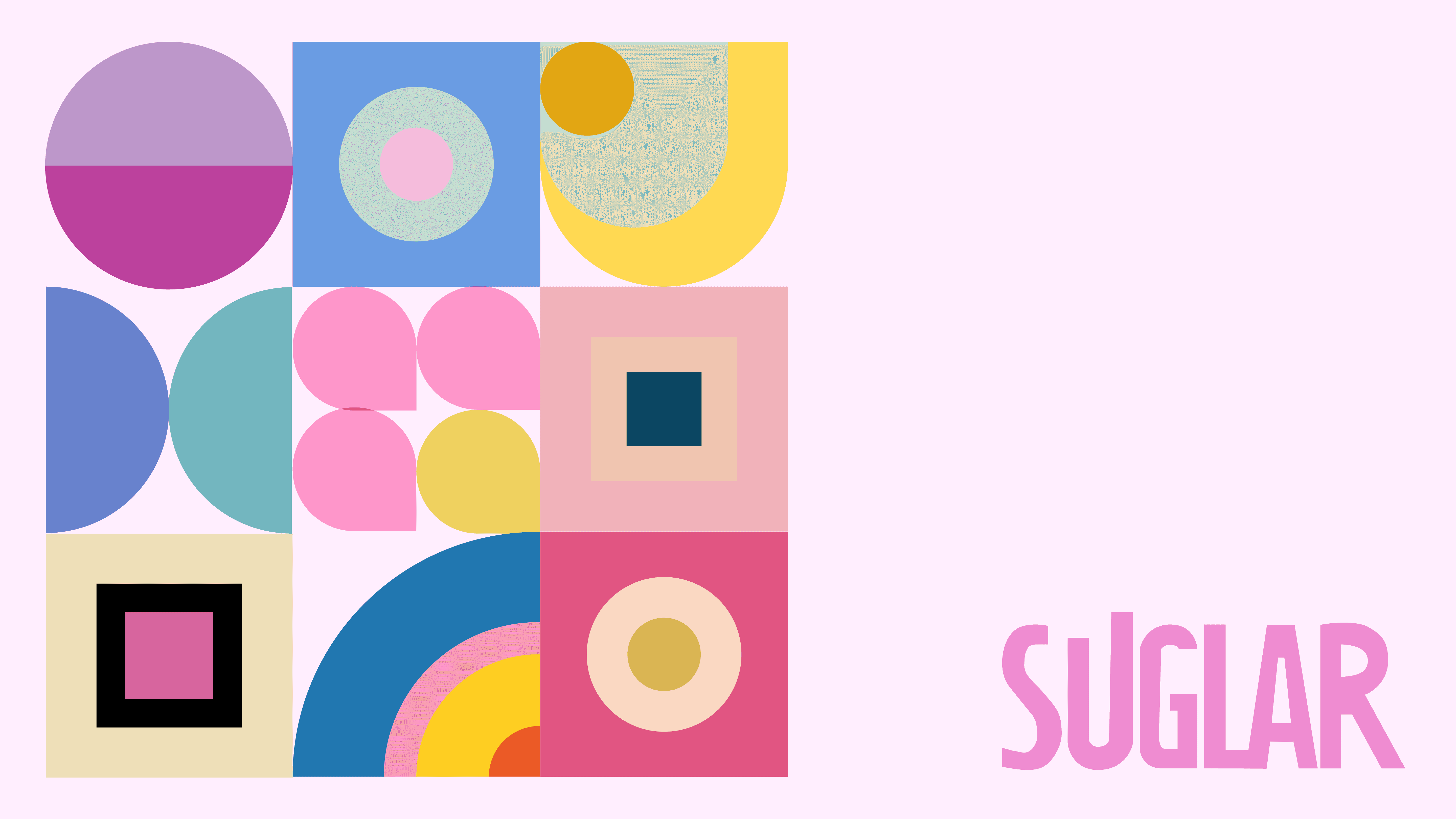 Suglar key visual: a nine-tile grid of geometric candy elements beside the wordmark