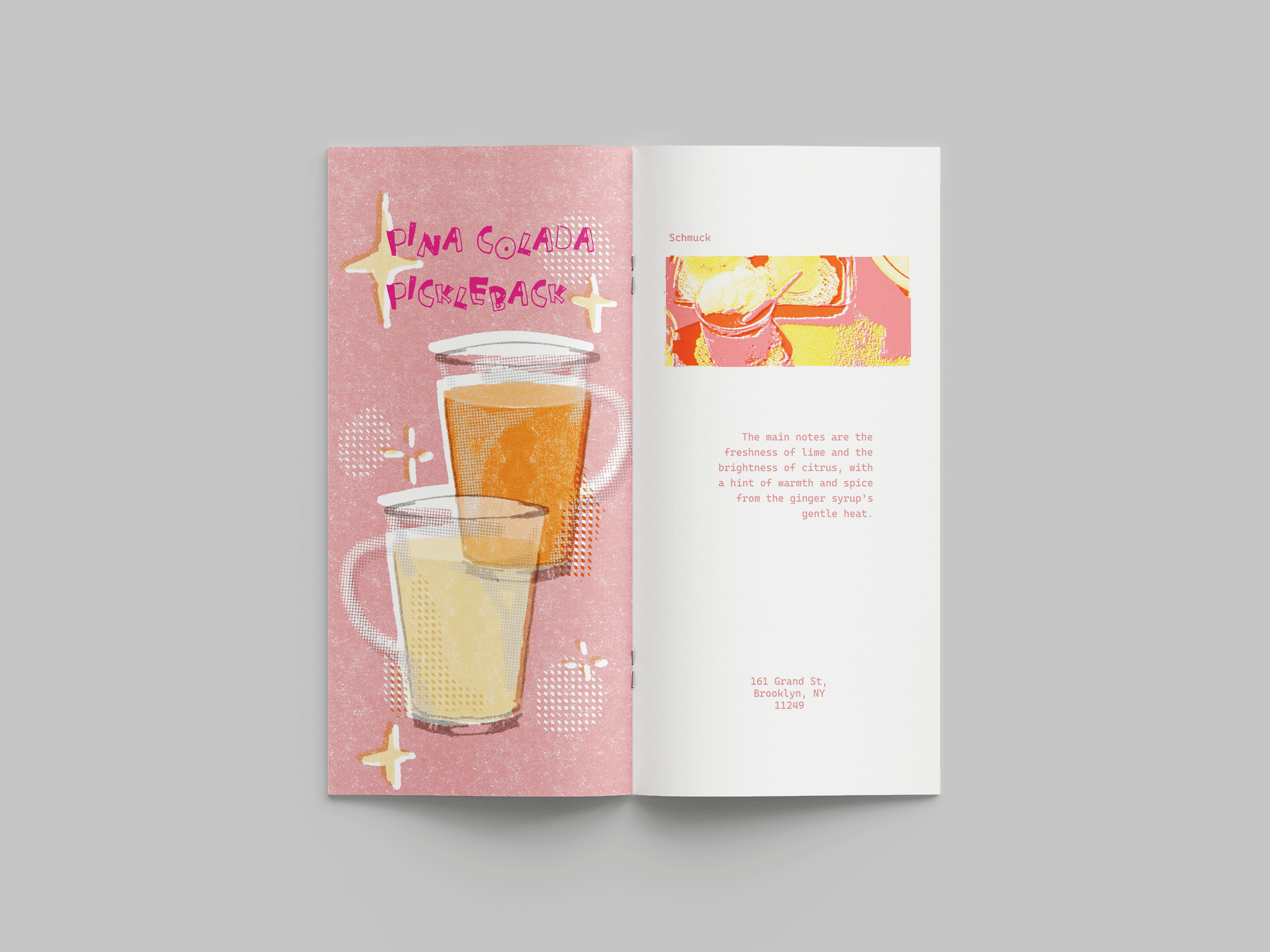 Pina Colada Pickleback spread: illustration left, bar name, riso photo, tasting note and address right