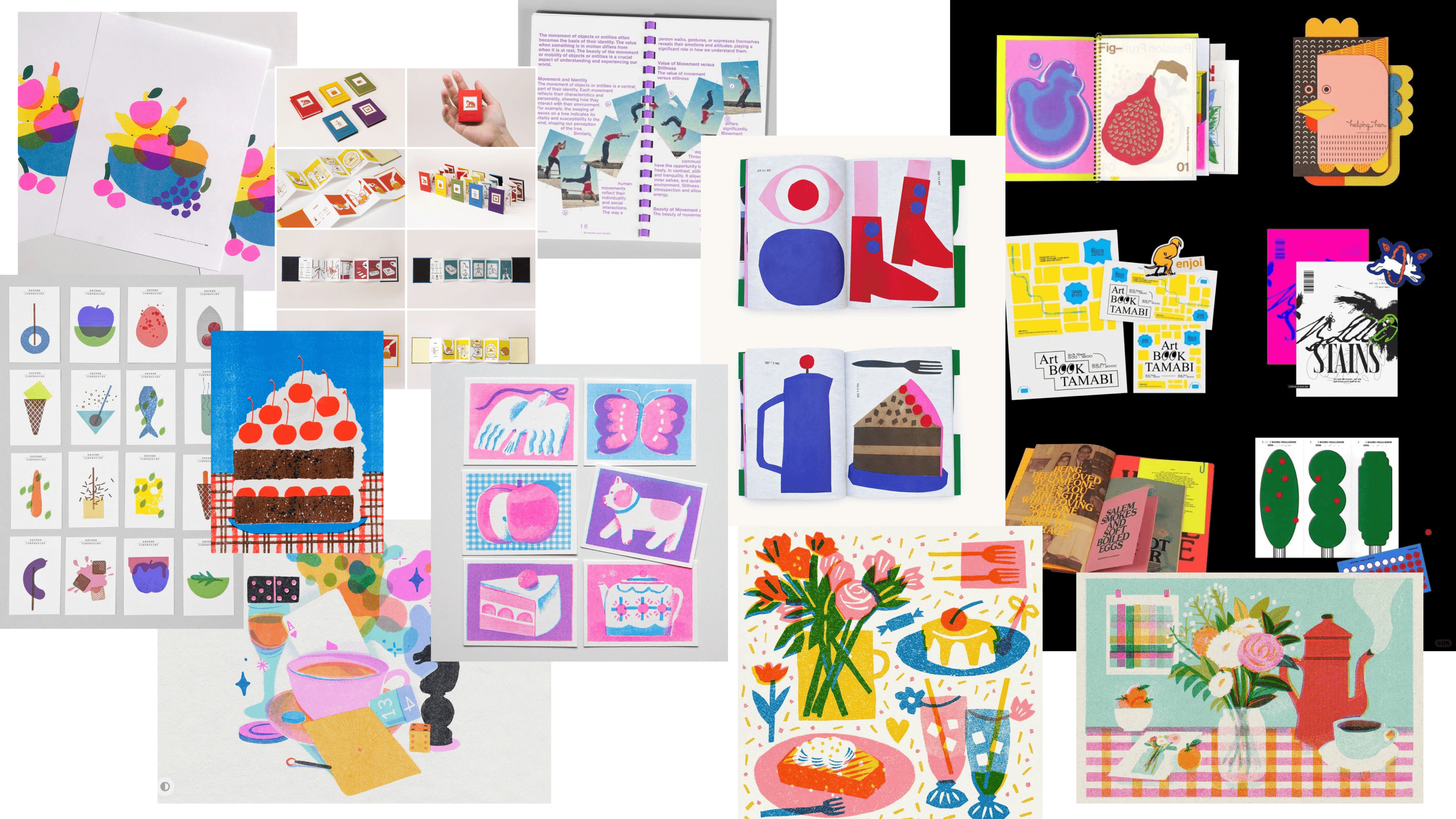 Moodboard of riso prints, illustrated food books, and zine formats