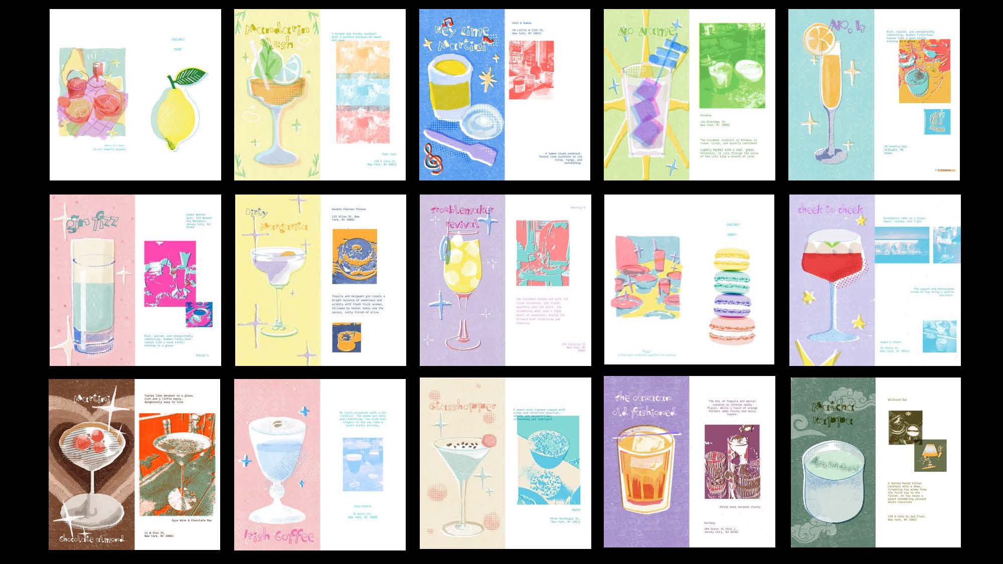 Fifteen Alcohol Directory spreads laid out in a grid on black