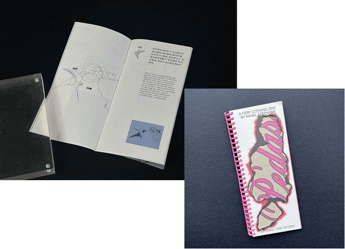 Two reference zines: a thread-bound book lying open, and a coil-bound cooking zine