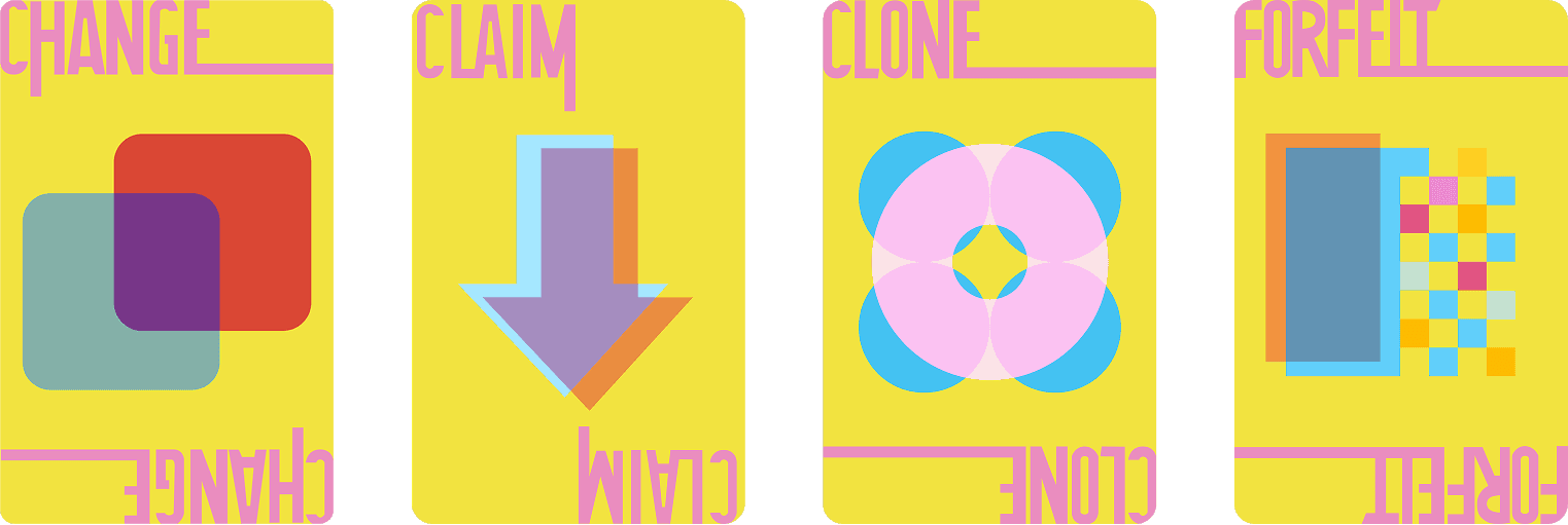 The four Suglar ability cards on yellow: Change, Claim, Clone, and Forfeit
