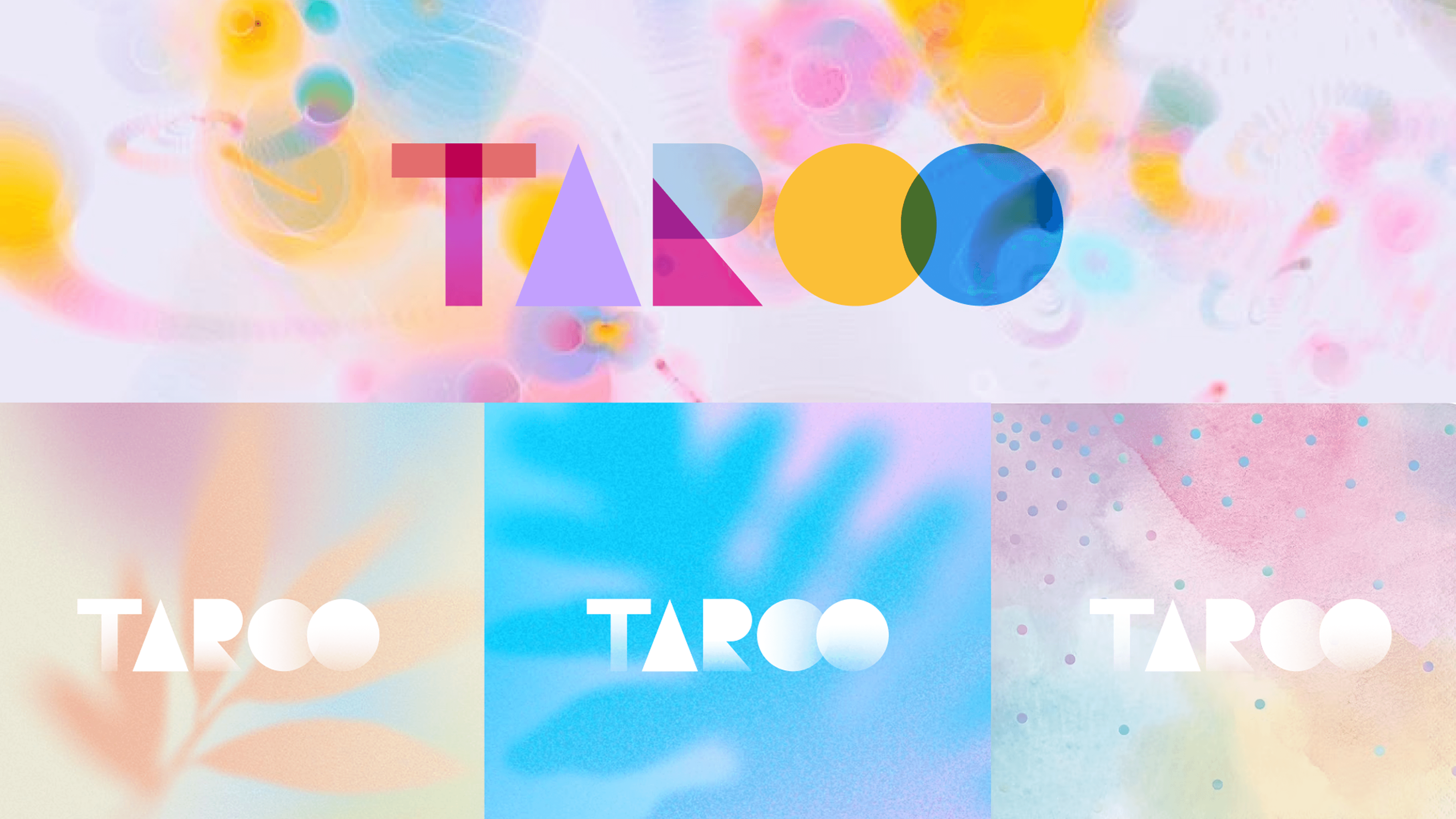 Taroo brand board: the wordmark over a soft gradient with three cover treatments beneath it