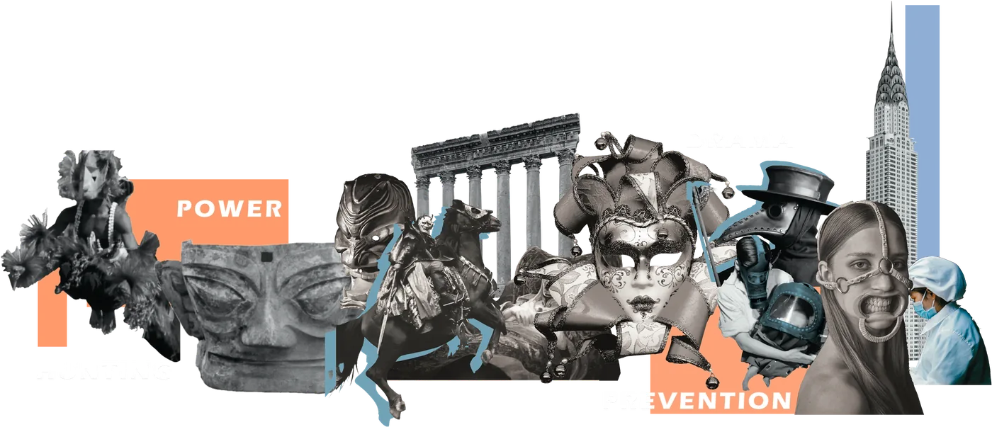 Collage of masks through history - a ritual mask, a bronze mask, a Venetian mask, a plague doctor and a surgical mask - labeled hunting, power, drama and prevention
