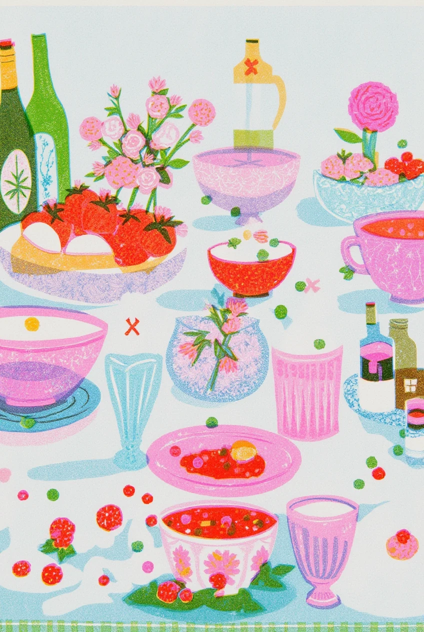 A riso-print illustration of a table set with bottles, flowers, bowls and fruit, made from a photo