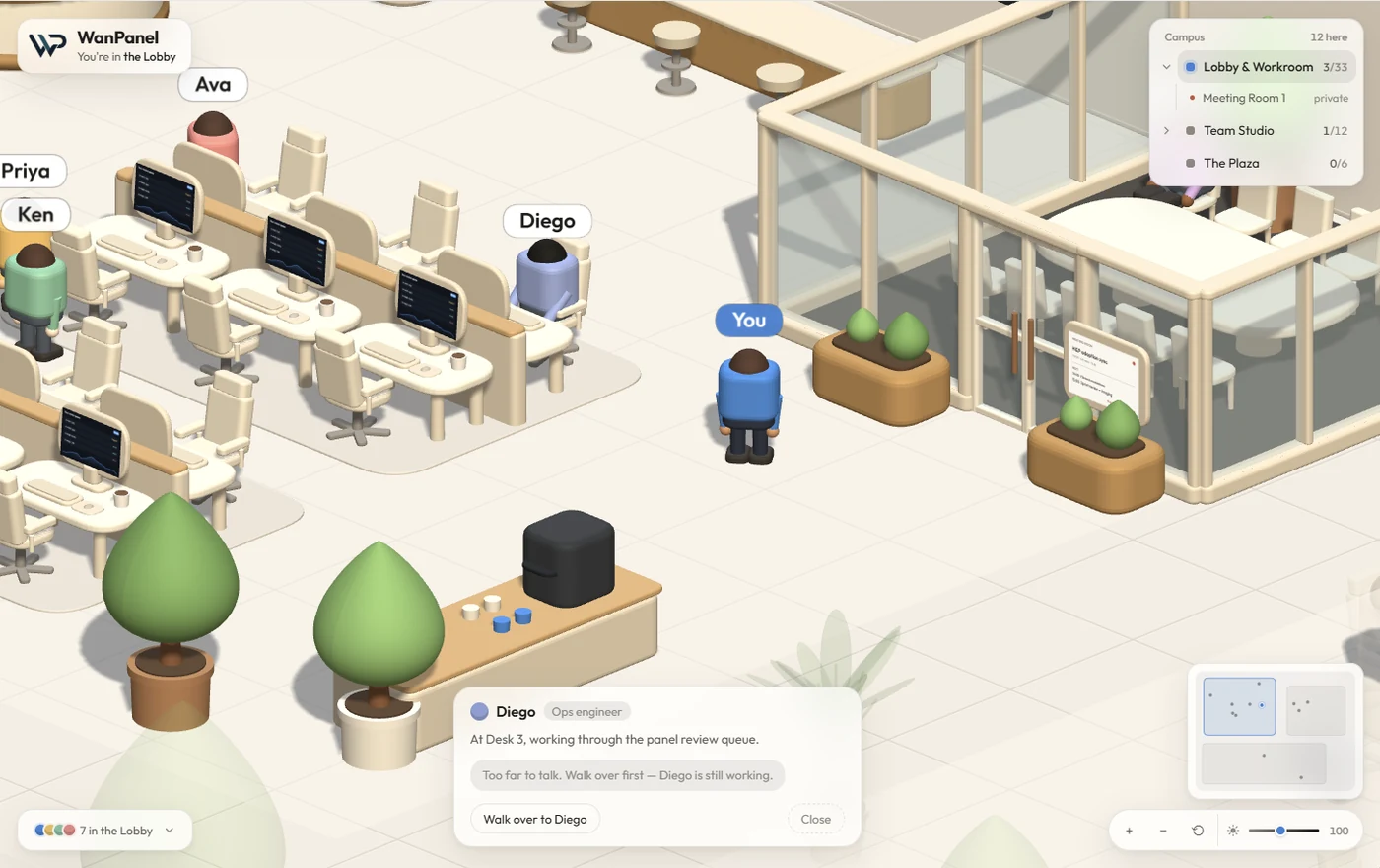 WanPanel, an isometric virtual office with avatars walking between desks and meeting rooms