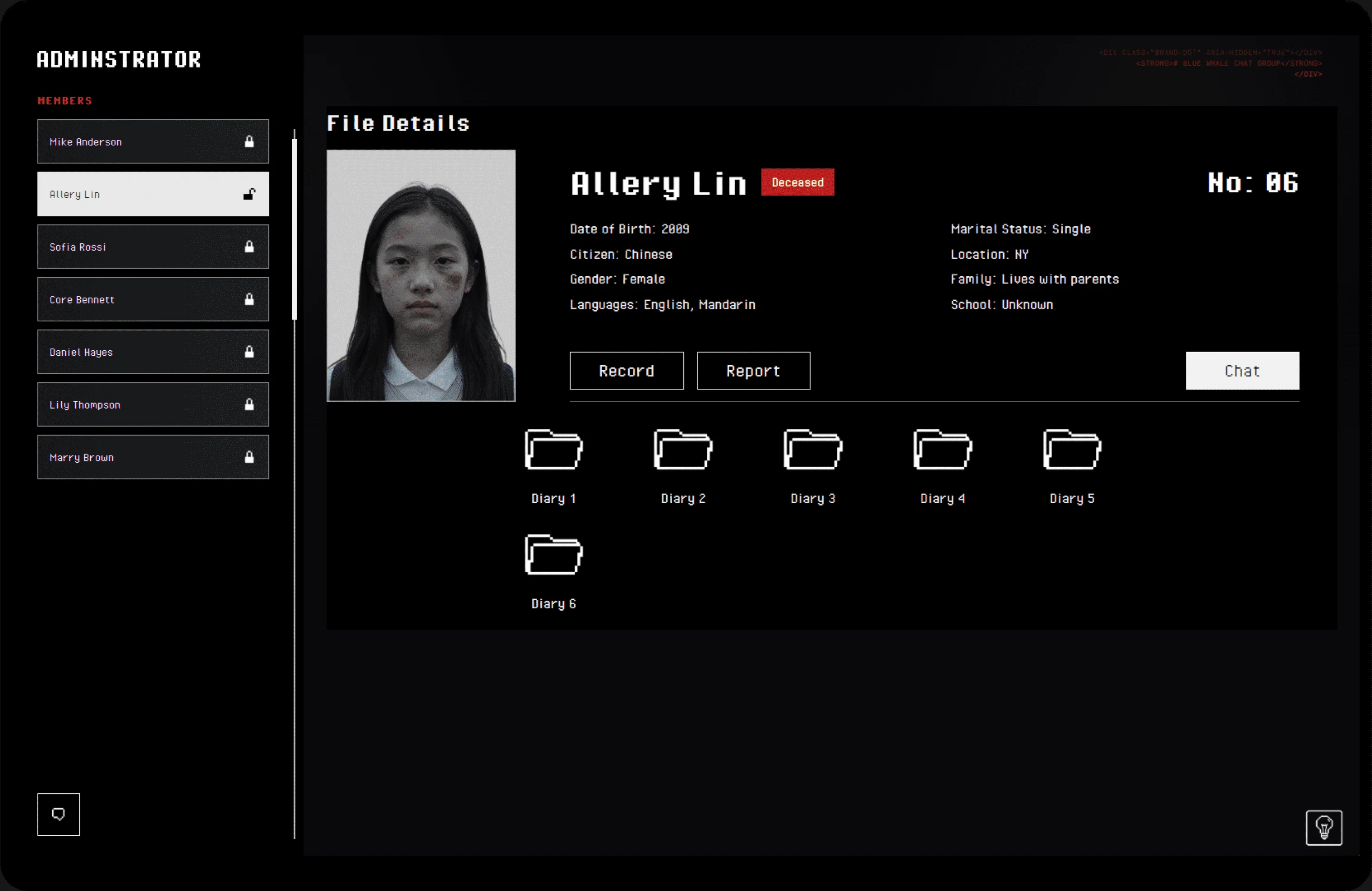 The member file screen as built, with locked records, member status and diary access