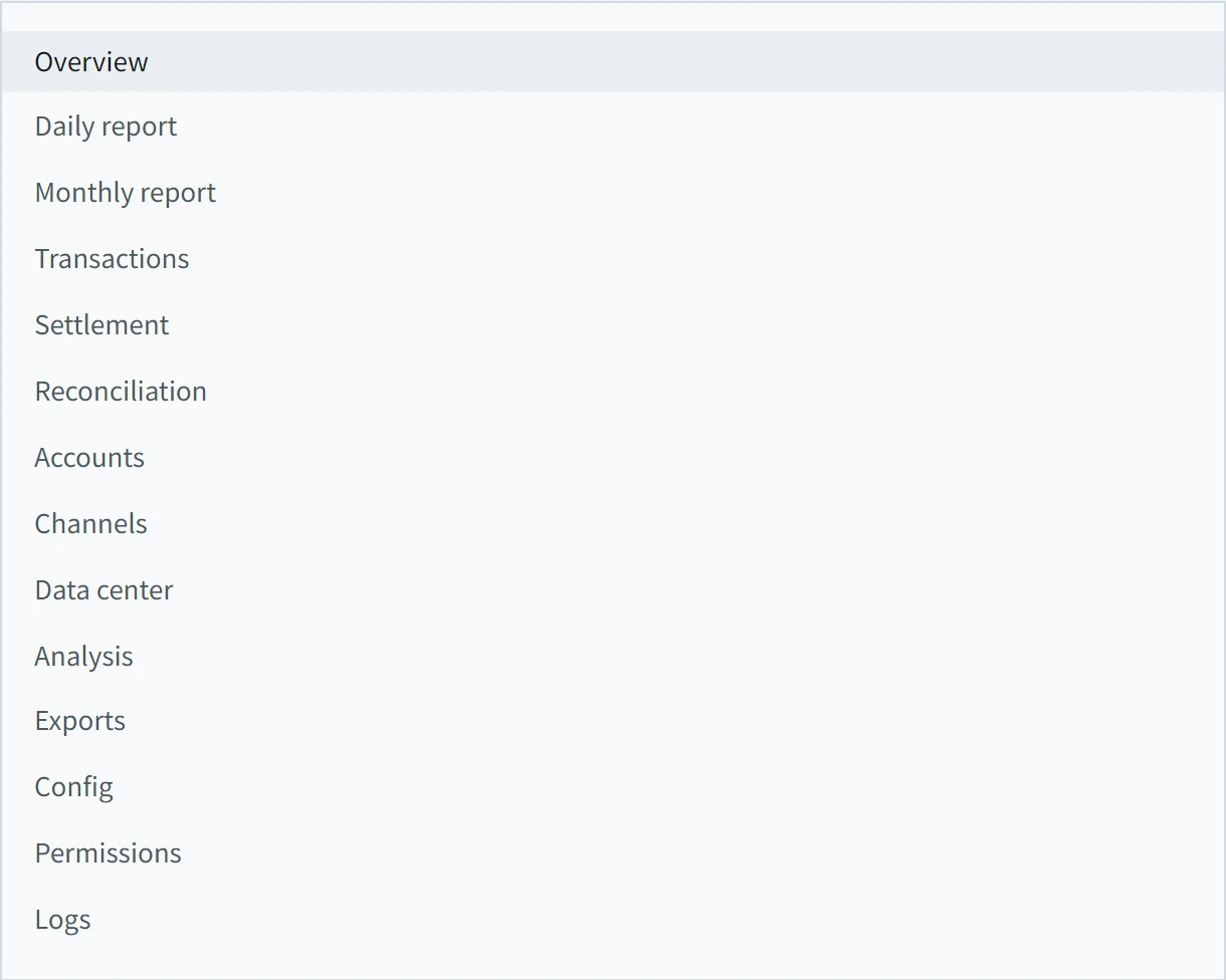Fourteen navigation entries in a flat list
